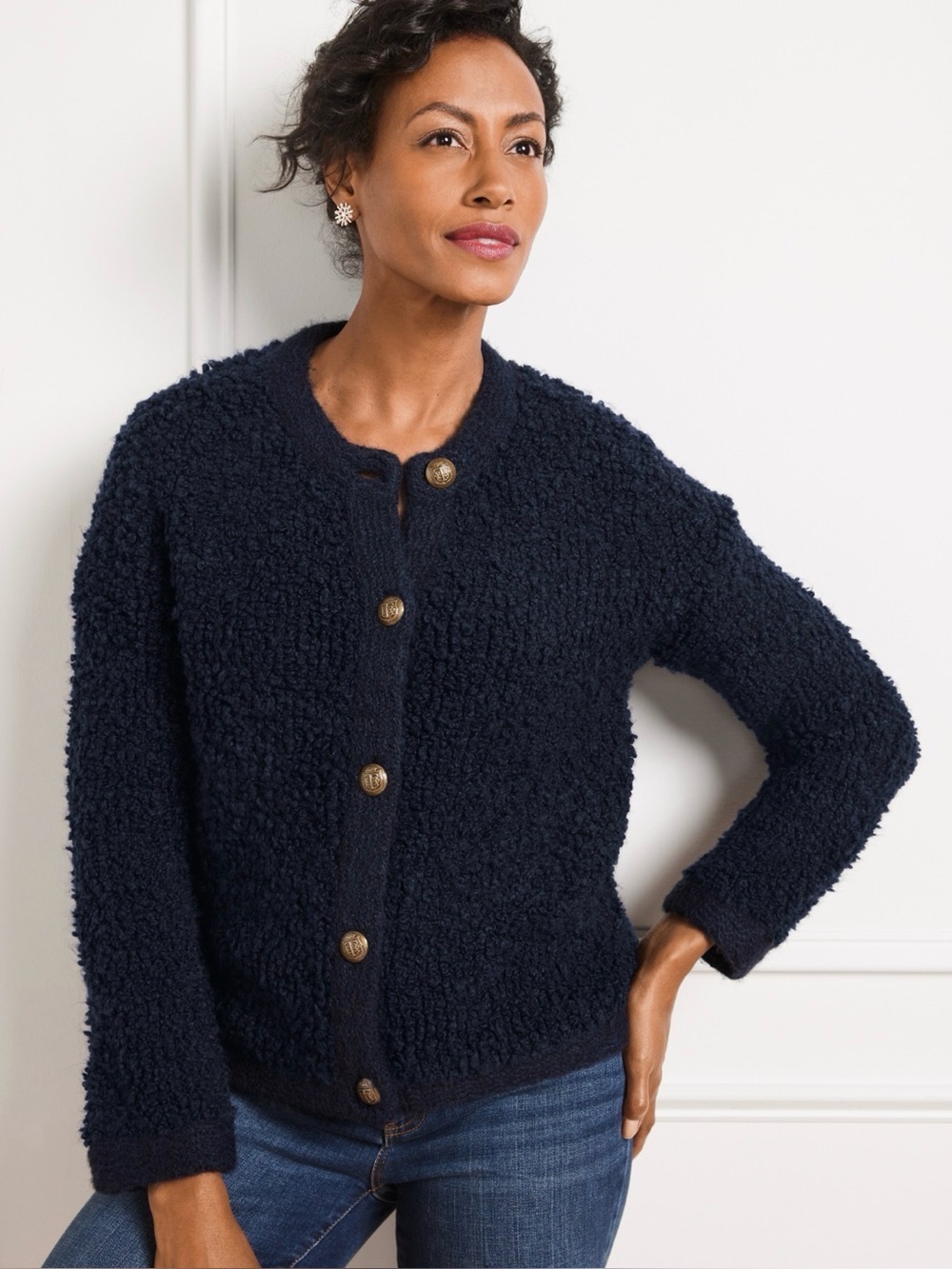 Talbots Textured Cardigan Sweater XL Navy Wool Blend Button Front Crew Neck